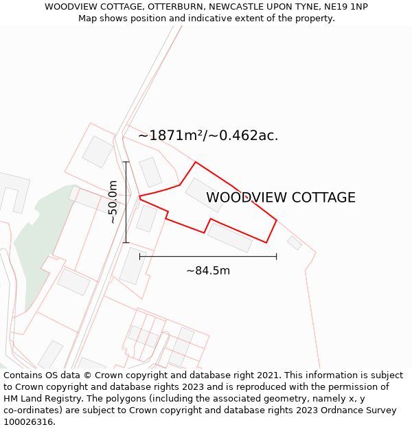 WOODVIEW COTTAGE, OTTERBURN, NEWCASTLE UPON TYNE, NE19 1NP: Plot and title map