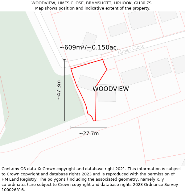 WOODVIEW, LIMES CLOSE, BRAMSHOTT, LIPHOOK, GU30 7SL: Plot and title map