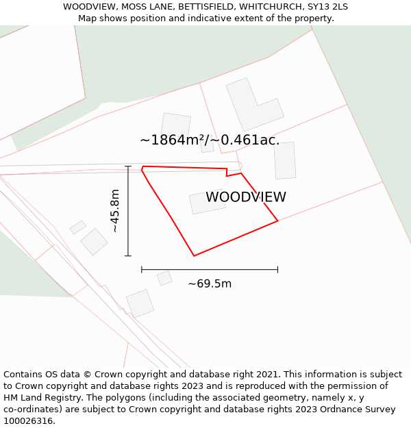 WOODVIEW, MOSS LANE, BETTISFIELD, WHITCHURCH, SY13 2LS: Plot and title map