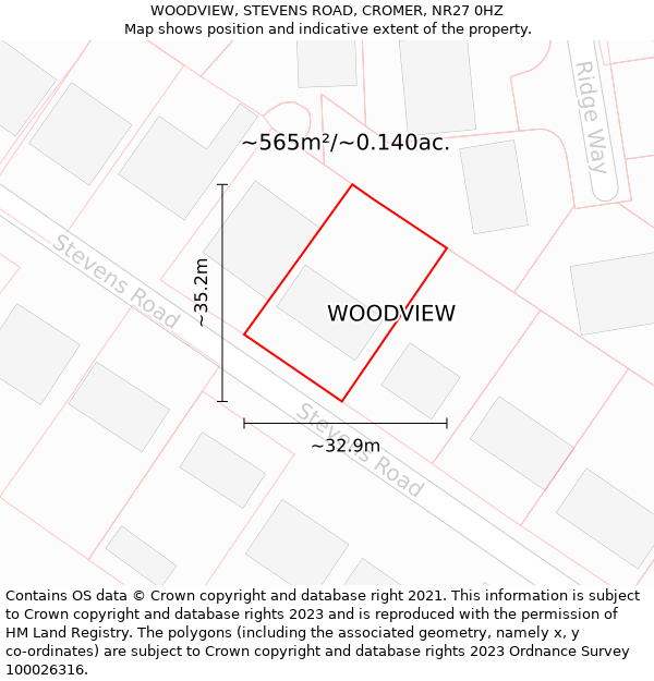 WOODVIEW, STEVENS ROAD, CROMER, NR27 0HZ: Plot and title map