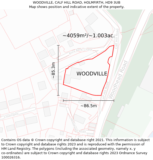 WOODVILLE, CALF HILL ROAD, HOLMFIRTH, HD9 3UB: Plot and title map