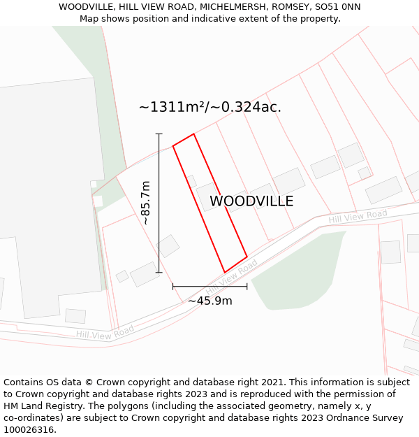 WOODVILLE, HILL VIEW ROAD, MICHELMERSH, ROMSEY, SO51 0NN: Plot and title map