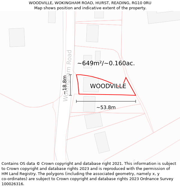 WOODVILLE, WOKINGHAM ROAD, HURST, READING, RG10 0RU: Plot and title map