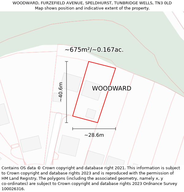 WOODWARD, FURZEFIELD AVENUE, SPELDHURST, TUNBRIDGE WELLS, TN3 0LD: Plot and title map