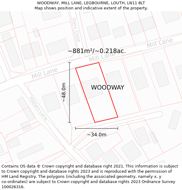 WOODWAY, MILL LANE, LEGBOURNE, LOUTH, LN11 8LT: Plot and title map