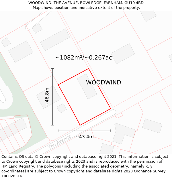 WOODWIND, THE AVENUE, ROWLEDGE, FARNHAM, GU10 4BD: Plot and title map