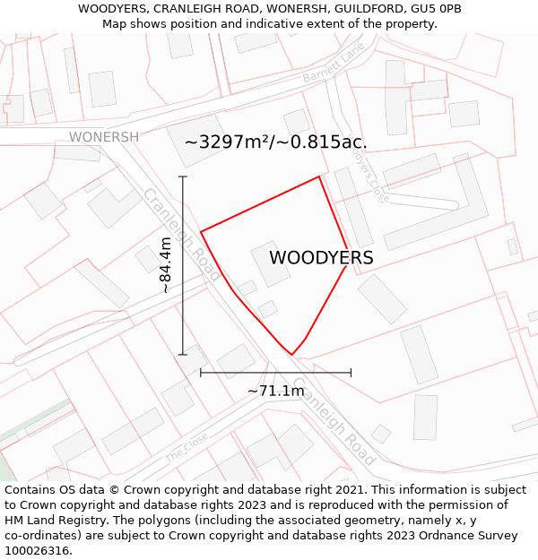 WOODYERS, CRANLEIGH ROAD, WONERSH, GUILDFORD, GU5 0PB: Plot and title map