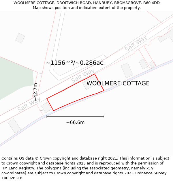 WOOLMERE COTTAGE, DROITWICH ROAD, HANBURY, BROMSGROVE, B60 4DD: Plot and title map