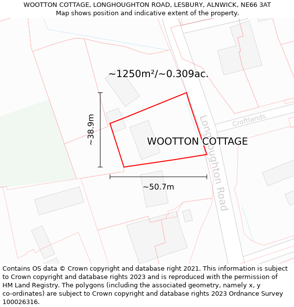 WOOTTON COTTAGE, LONGHOUGHTON ROAD, LESBURY, ALNWICK, NE66 3AT: Plot and title map