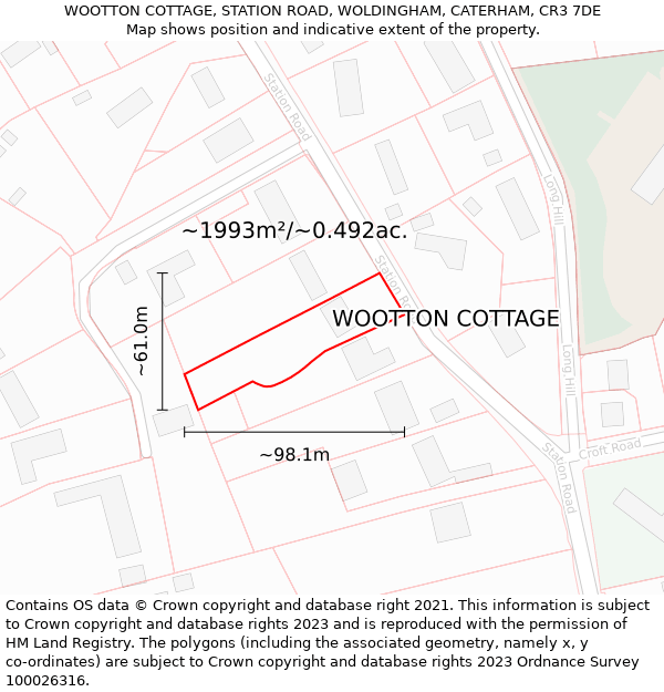 WOOTTON COTTAGE, STATION ROAD, WOLDINGHAM, CATERHAM, CR3 7DE: Plot and title map