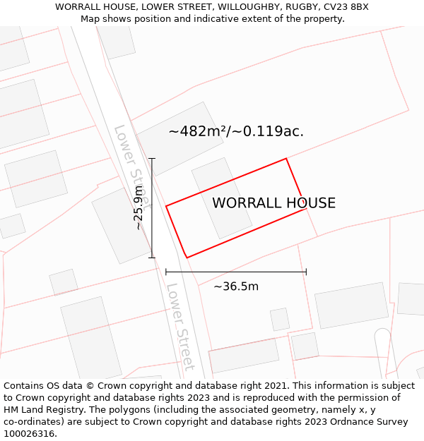 WORRALL HOUSE, LOWER STREET, WILLOUGHBY, RUGBY, CV23 8BX: Plot and title map