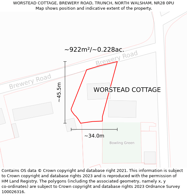 WORSTEAD COTTAGE, BREWERY ROAD, TRUNCH, NORTH WALSHAM, NR28 0PU: Plot and title map