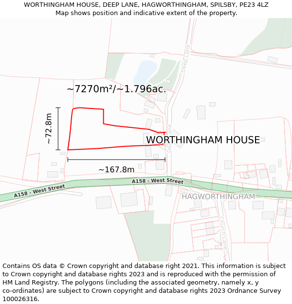 WORTHINGHAM HOUSE, DEEP LANE, HAGWORTHINGHAM, SPILSBY, PE23 4LZ: Plot and title map