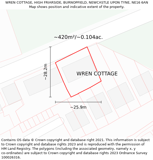 WREN COTTAGE, HIGH FRIARSIDE, BURNOPFIELD, NEWCASTLE UPON TYNE, NE16 6AN: Plot and title map
