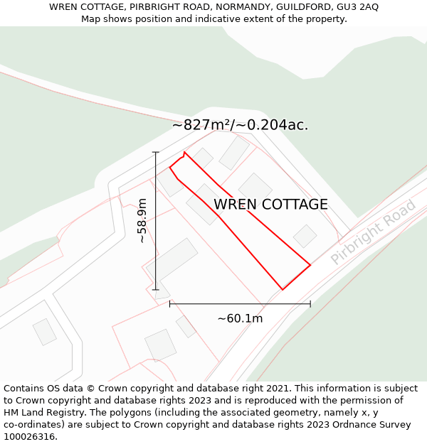 WREN COTTAGE, PIRBRIGHT ROAD, NORMANDY, GUILDFORD, GU3 2AQ: Plot and title map