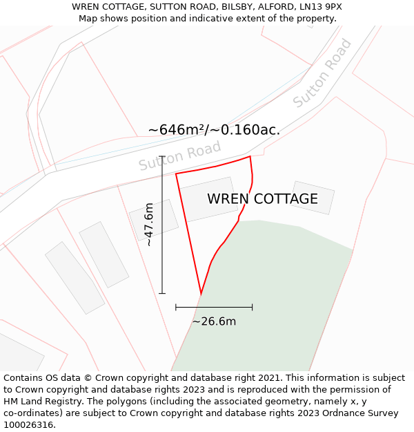 WREN COTTAGE, SUTTON ROAD, BILSBY, ALFORD, LN13 9PX: Plot and title map