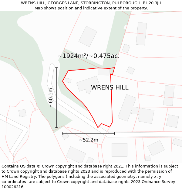 WRENS HILL, GEORGES LANE, STORRINGTON, PULBOROUGH, RH20 3JH: Plot and title map