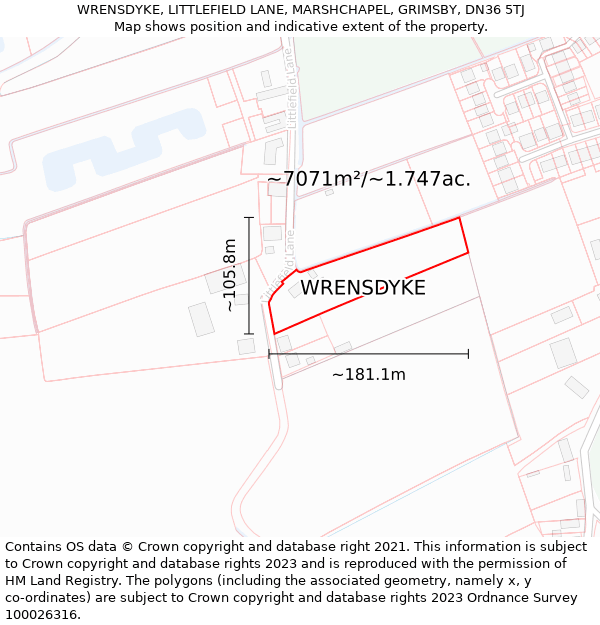 WRENSDYKE, LITTLEFIELD LANE, MARSHCHAPEL, GRIMSBY, DN36 5TJ: Plot and title map