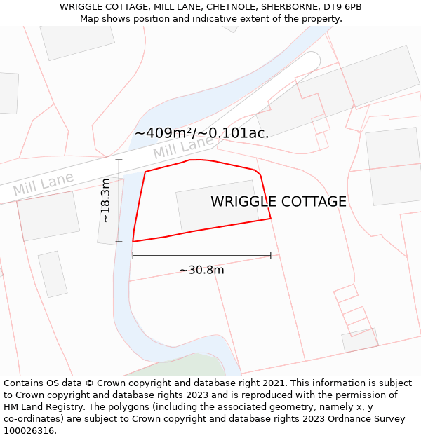 WRIGGLE COTTAGE, MILL LANE, CHETNOLE, SHERBORNE, DT9 6PB: Plot and title map