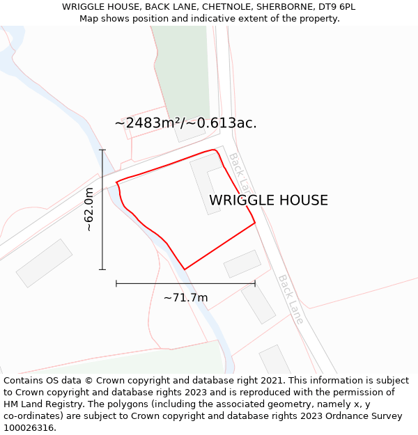 WRIGGLE HOUSE, BACK LANE, CHETNOLE, SHERBORNE, DT9 6PL: Plot and title map