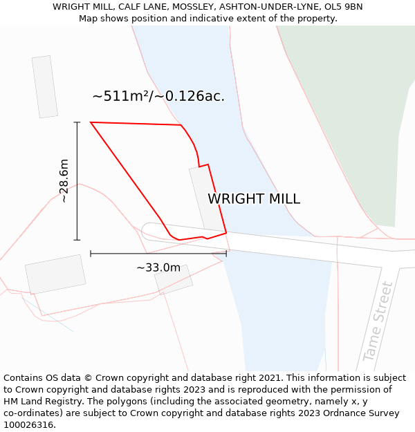 WRIGHT MILL, CALF LANE, MOSSLEY, ASHTON-UNDER-LYNE, OL5 9BN: Plot and title map