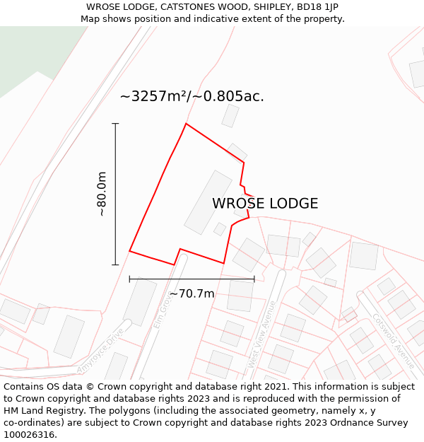 WROSE LODGE, CATSTONES WOOD, SHIPLEY, BD18 1JP: Plot and title map