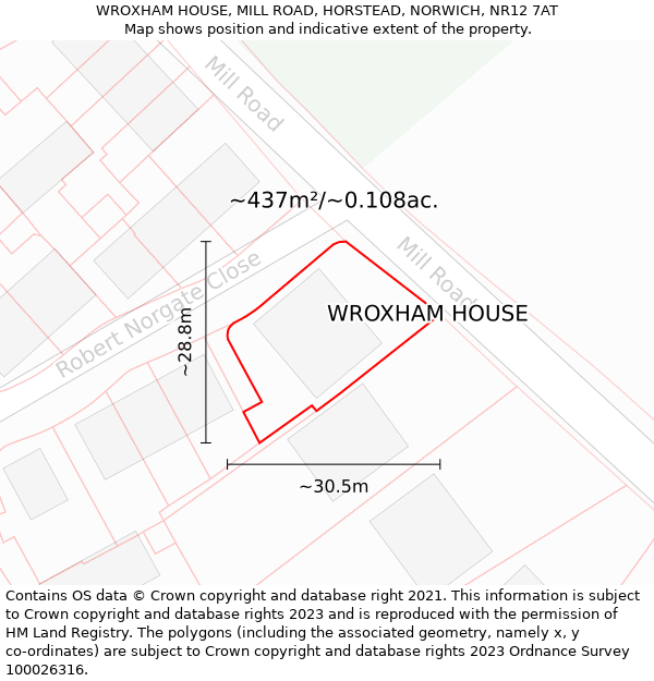 WROXHAM HOUSE, MILL ROAD, HORSTEAD, NORWICH, NR12 7AT: Plot and title map