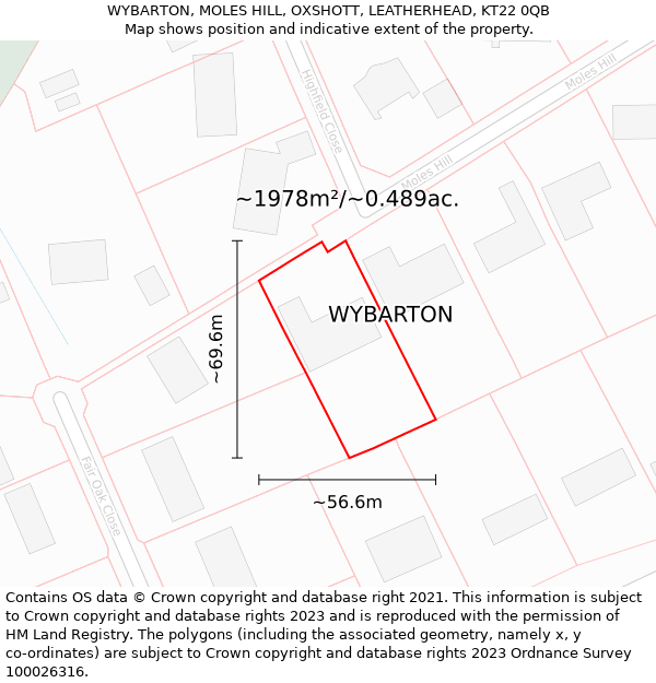 WYBARTON, MOLES HILL, OXSHOTT, LEATHERHEAD, KT22 0QB: Plot and title map