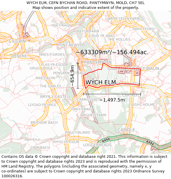 WYCH ELM, CEFN BYCHAN ROAD, PANTYMWYN, MOLD, CH7 5EL: Plot and title map