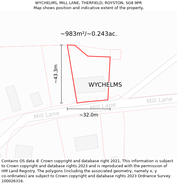 WYCHELMS, MILL LANE, THERFIELD, ROYSTON, SG8 9PR: Plot and title map