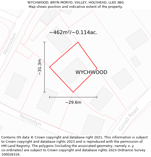 WYCHWOOD, BRYN MORYD, VALLEY, HOLYHEAD, LL65 3BG: Plot and title map