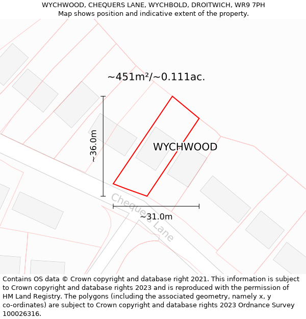 WYCHWOOD, CHEQUERS LANE, WYCHBOLD, DROITWICH, WR9 7PH: Plot and title map