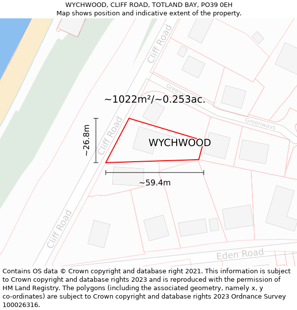 WYCHWOOD, CLIFF ROAD, TOTLAND BAY, PO39 0EH: Plot and title map