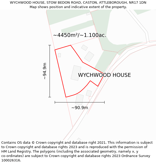 WYCHWOOD HOUSE, STOW BEDON ROAD, CASTON, ATTLEBOROUGH, NR17 1DN: Plot and title map