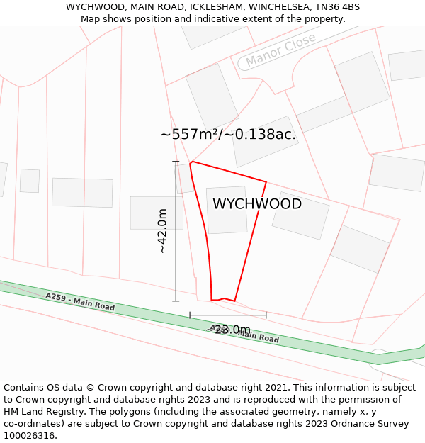 WYCHWOOD, MAIN ROAD, ICKLESHAM, WINCHELSEA, TN36 4BS: Plot and title map