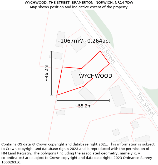 WYCHWOOD, THE STREET, BRAMERTON, NORWICH, NR14 7DW: Plot and title map