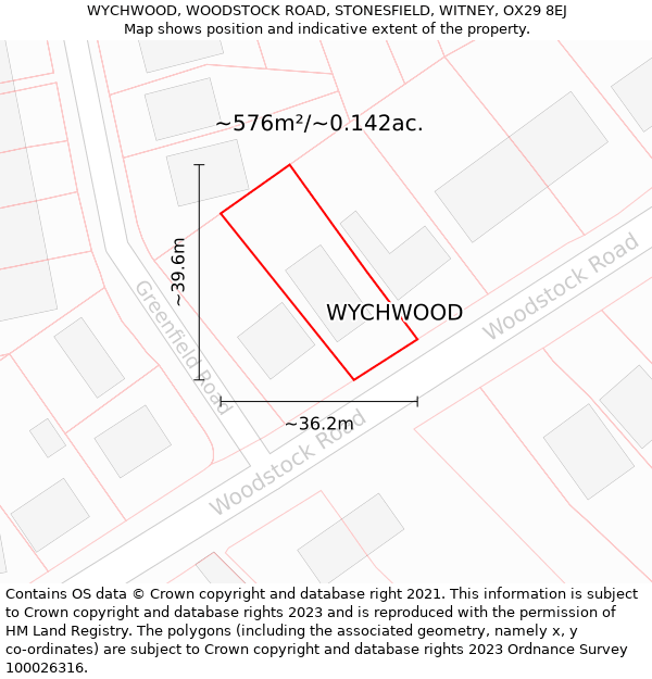 WYCHWOOD, WOODSTOCK ROAD, STONESFIELD, WITNEY, OX29 8EJ: Plot and title map