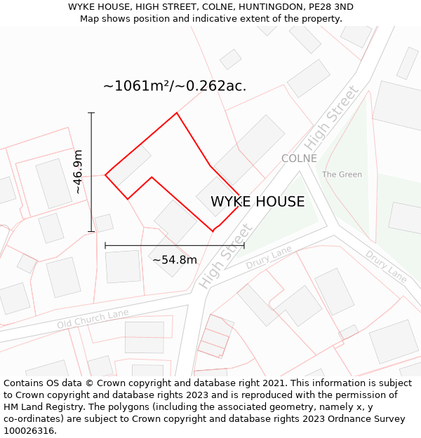 WYKE HOUSE, HIGH STREET, COLNE, HUNTINGDON, PE28 3ND: Plot and title map