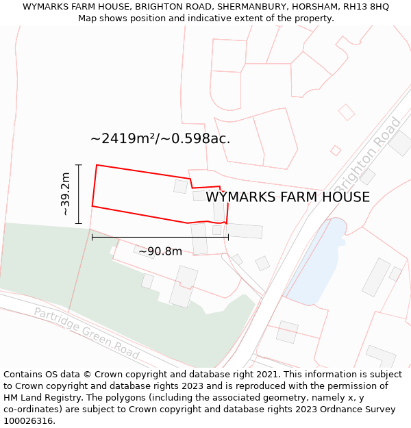 WYMARKS FARM HOUSE, BRIGHTON ROAD, SHERMANBURY, HORSHAM, RH13 8HQ: Plot and title map