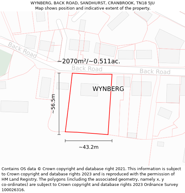 WYNBERG, BACK ROAD, SANDHURST, CRANBROOK, TN18 5JU: Plot and title map