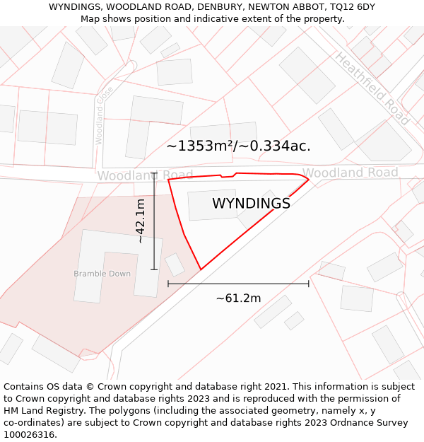 WYNDINGS, WOODLAND ROAD, DENBURY, NEWTON ABBOT, TQ12 6DY: Plot and title map