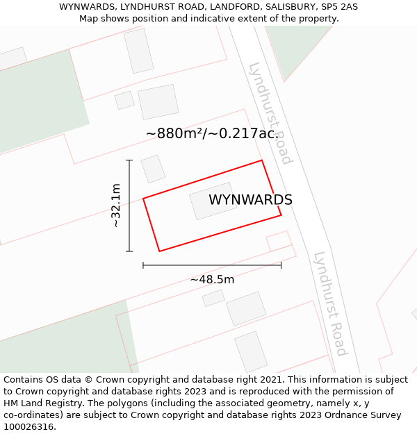 WYNWARDS, LYNDHURST ROAD, LANDFORD, SALISBURY, SP5 2AS: Plot and title map