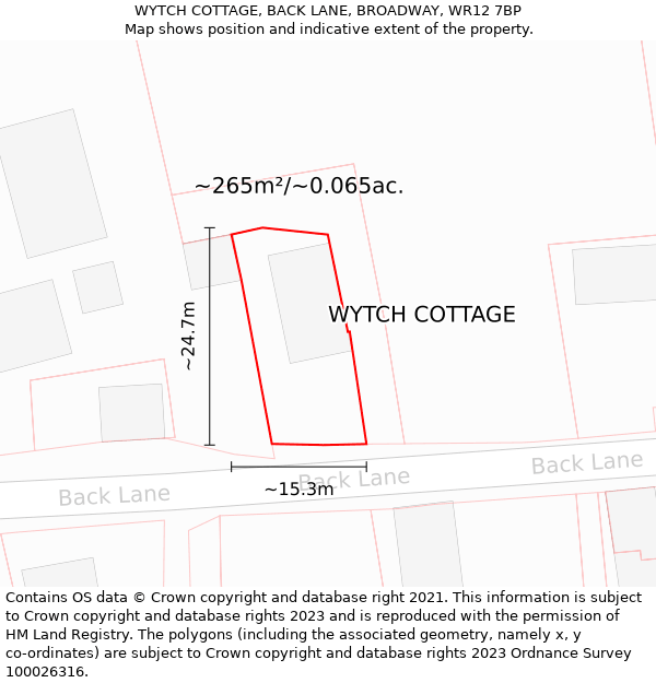 WYTCH COTTAGE, BACK LANE, BROADWAY, WR12 7BP: Plot and title map