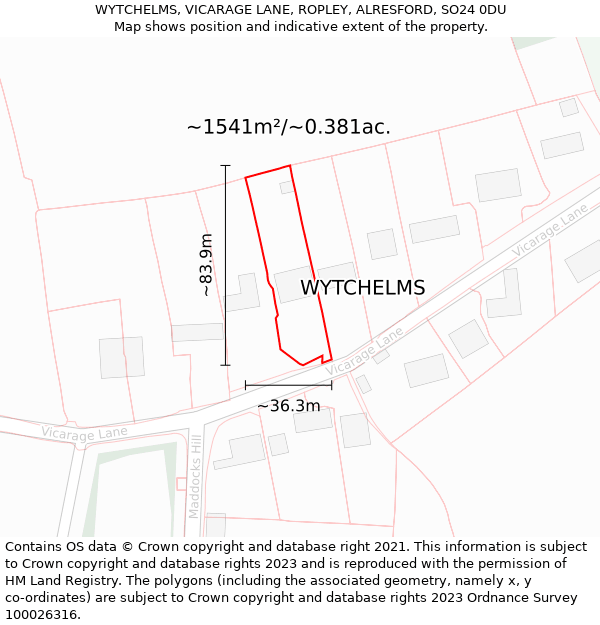 WYTCHELMS, VICARAGE LANE, ROPLEY, ALRESFORD, SO24 0DU: Plot and title map