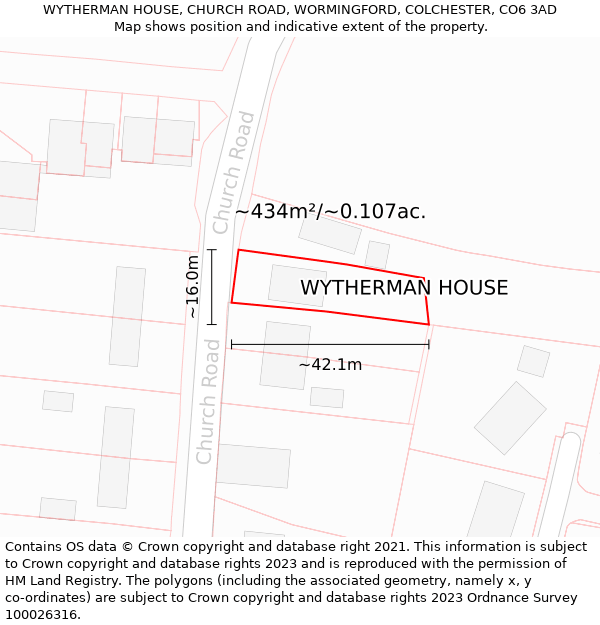 WYTHERMAN HOUSE, CHURCH ROAD, WORMINGFORD, COLCHESTER, CO6 3AD: Plot and title map