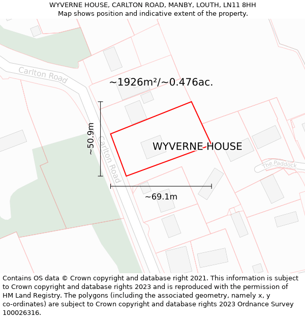 WYVERNE HOUSE, CARLTON ROAD, MANBY, LOUTH, LN11 8HH: Plot and title map