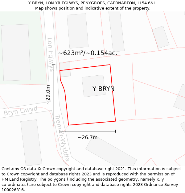 Y BRYN, LON YR EGLWYS, PENYGROES, CAERNARFON, LL54 6NH: Plot and title map