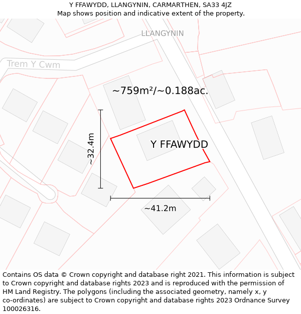 Y FFAWYDD, LLANGYNIN, CARMARTHEN, SA33 4JZ: Plot and title map