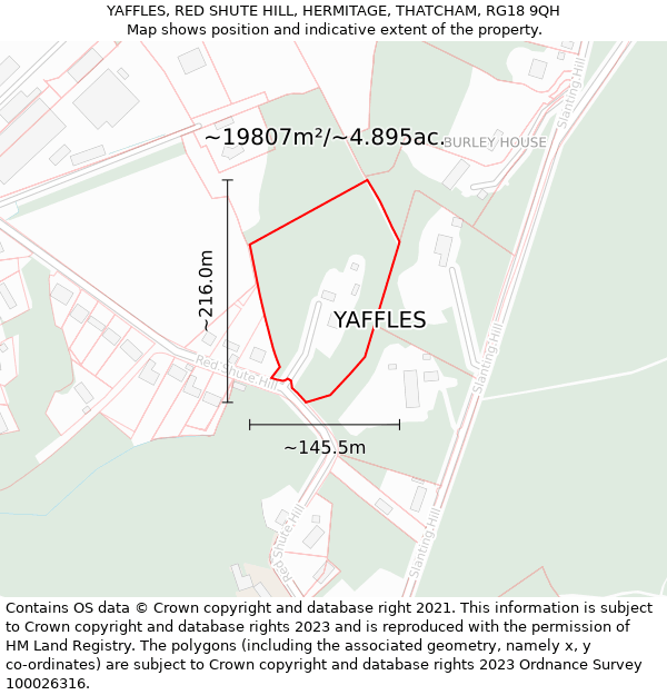 YAFFLES, RED SHUTE HILL, HERMITAGE, THATCHAM, RG18 9QH: Plot and title map