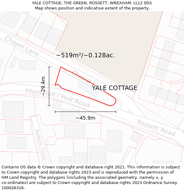 YALE COTTAGE, THE GREEN, ROSSETT, WREXHAM, LL12 0DS: Plot and title map